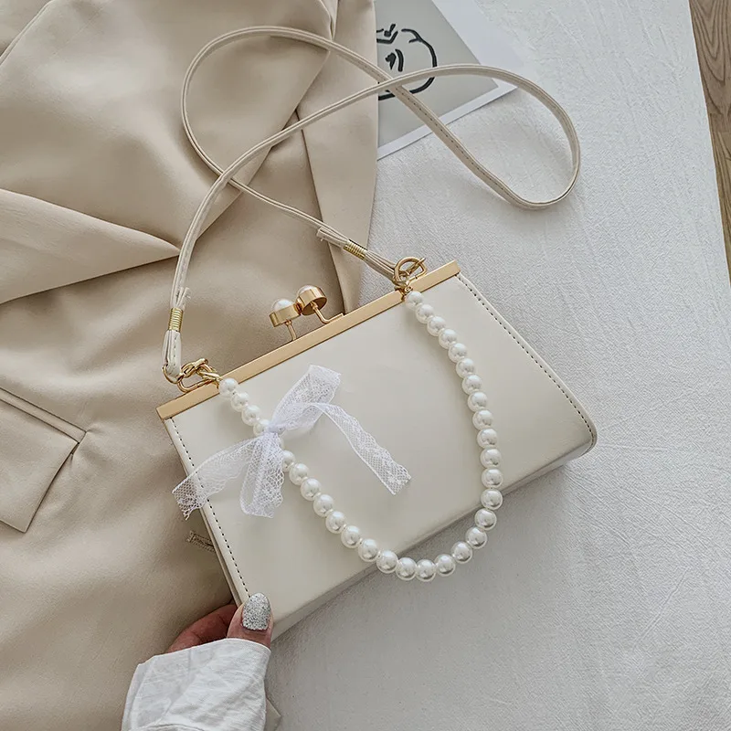 Lace Bow PU Leather Small Square Bag New Summer Solid Pearl Beaded Temperament Handbag Street Trend Fashion Ladies Shoulder Bag