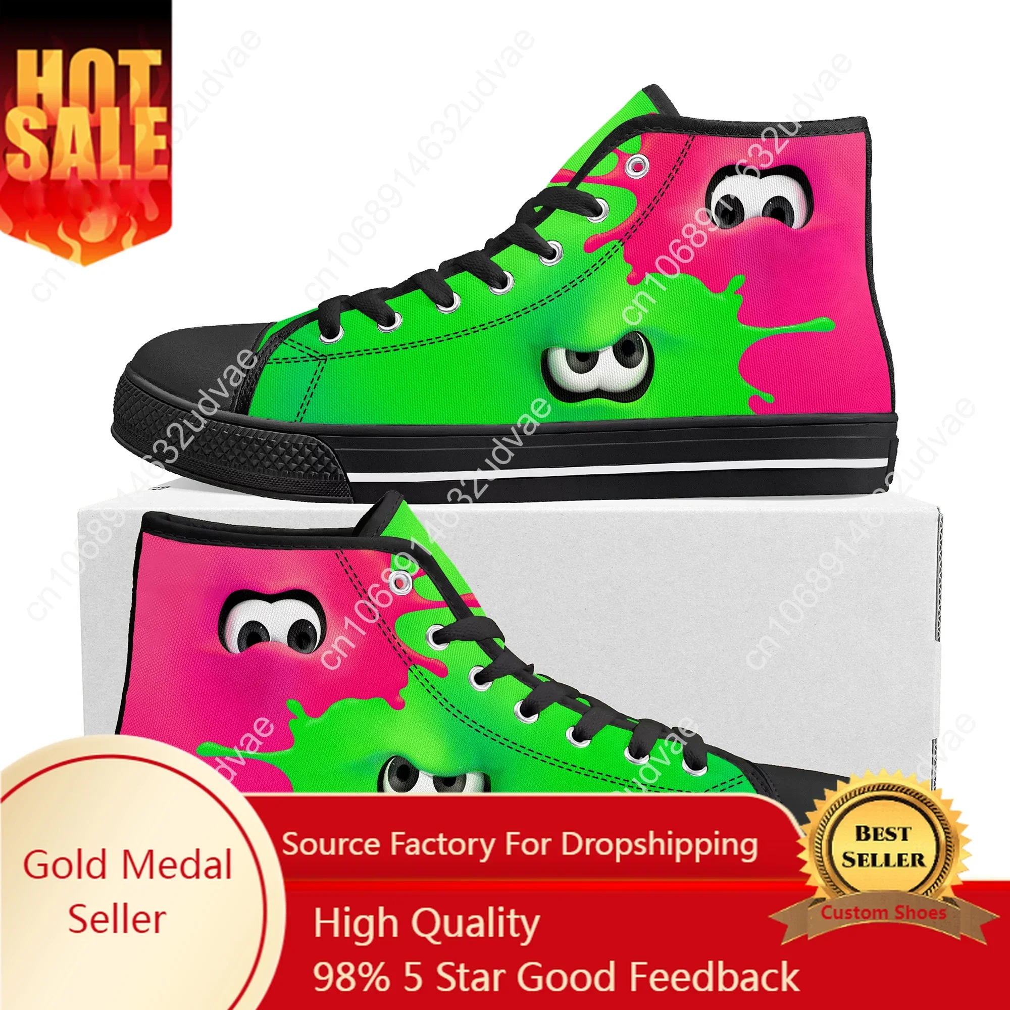 Splatoons Game Cartoon High Top Sneakers para homens e mulheres, tênis de lona casual, sapatos brancos personalizados para casais adolescentes, alta qualidade