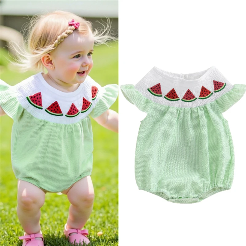 

Newborn Baby Girls Summer Romper Stripe Print Flying Sleeves Round Neck Watermelon Embroidery Toddler Infant Jumpsuit
