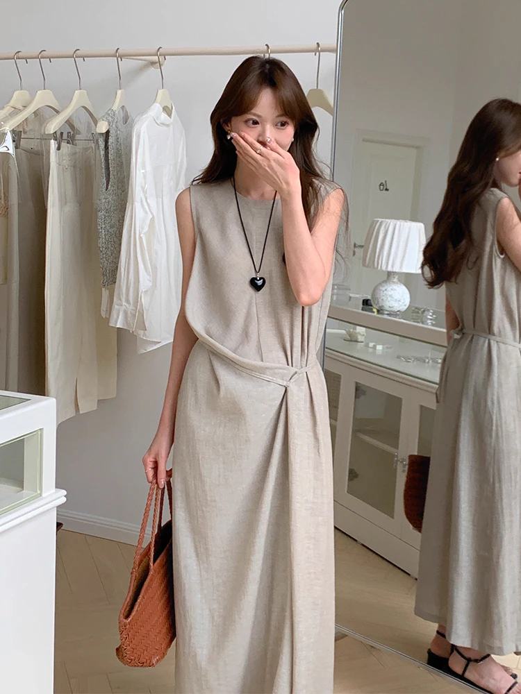 Gilet estivo in cotone e lino da donna nuovo Dr con cintura design asimmetrico gonna lunga coreana Sle vita ampia No Sve