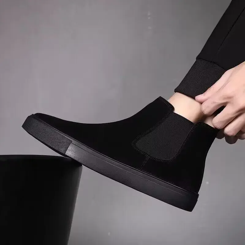 ​Autumn Winter Men's 2025 New Fleece Lined Suede Chelsea High Top Boots Height Increasing Cotton Padded Korean Trendy Shoes​