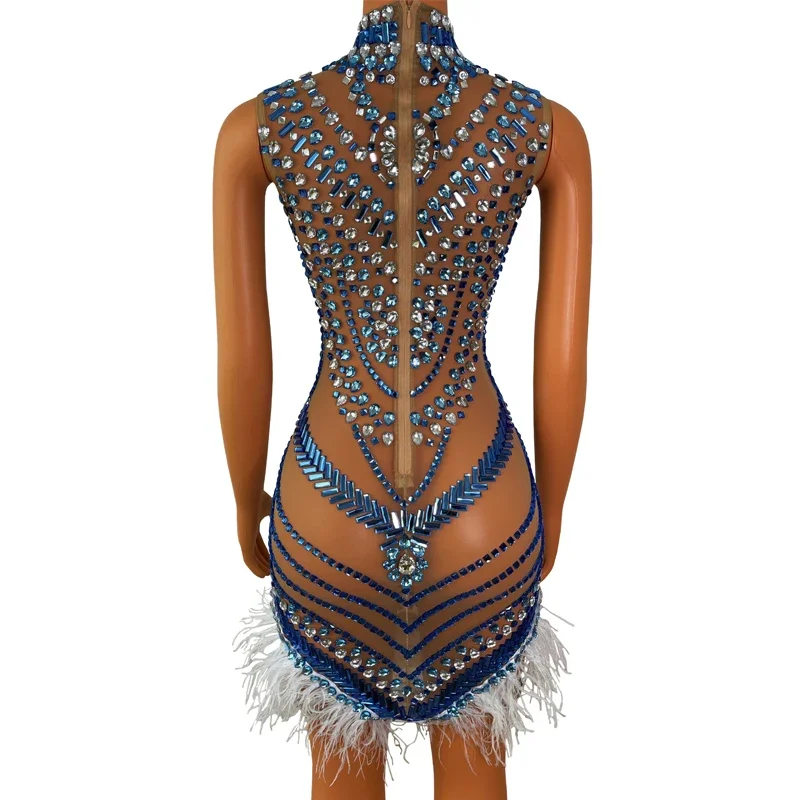 Robe de soirée pour femmes, strass colorés, plumes, robe de célébration d'anniversaire, robes de soirée, Costume de Festival, tenue XS6637