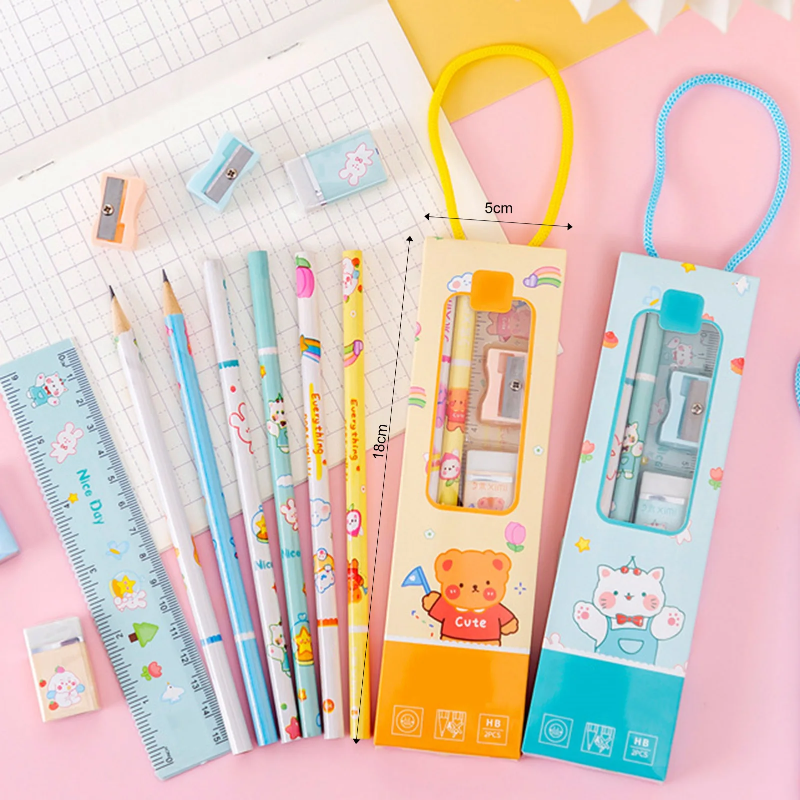 5 in 1 Cute Cartoon Pencil Set Portable Stationery Set for Kids Gift Pencil Eraser Sharpener Ruler School Supplies