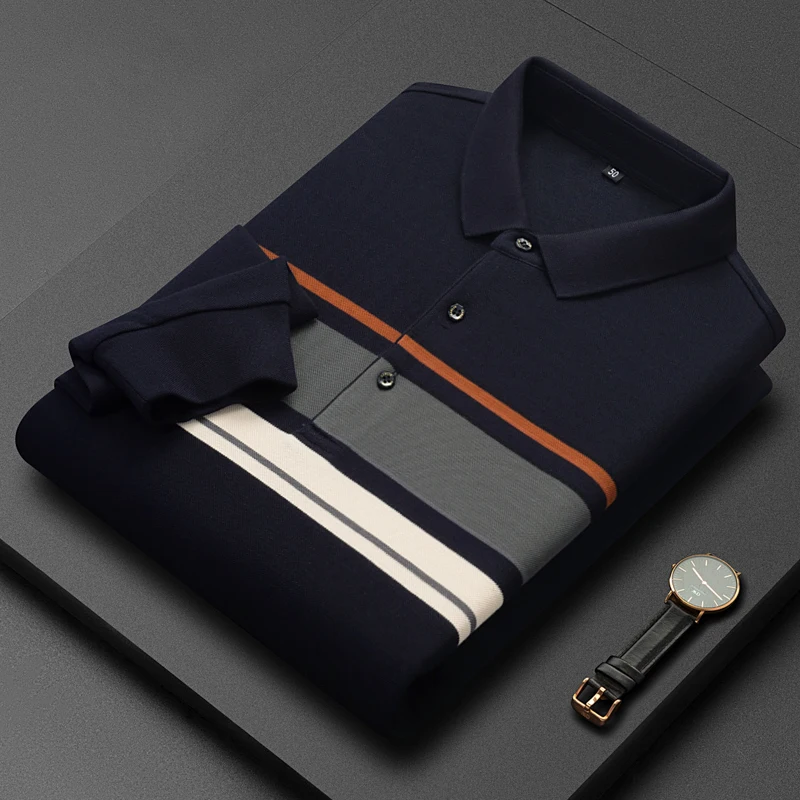 High end mercerized cotton long sleeve polo shirt men's autumn fashion stripe Lapel T-shirt loose soft elastic top business men