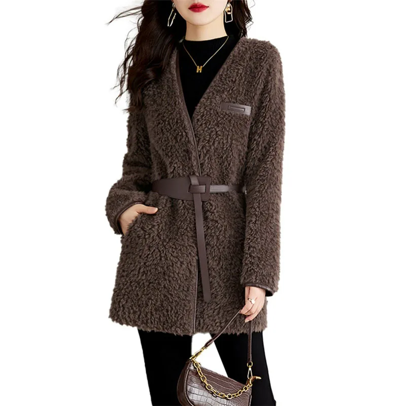 Granular Lamb Fur Coat Women's Overcoat Spring Autumn Winter Coat Medium Long V Neck Thickened Fur One-piece Outerwear Female