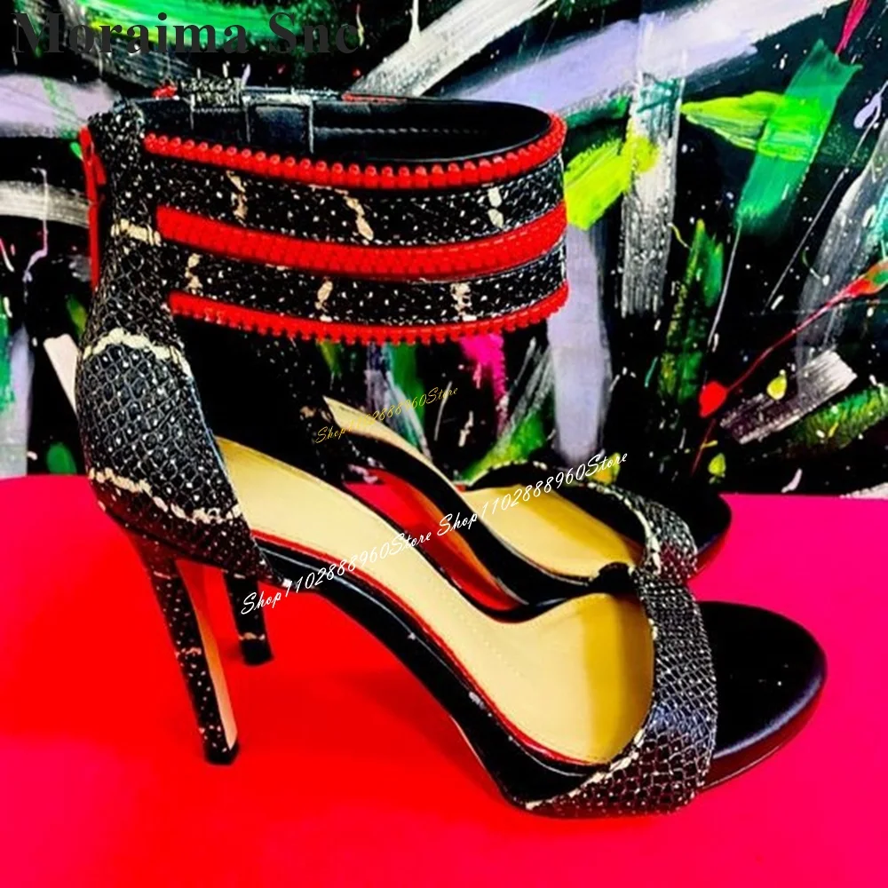 Stylish Shallow Black Snake Skin Sandals Thin High Heel Women Shoes Back Zipper Open Toe 2024 Fashionable Zapatos Para Mujere