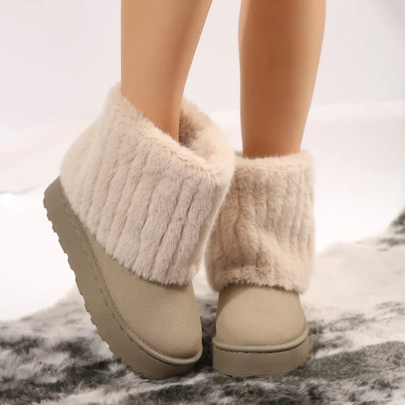 Shoes for Women New Slip on Women's Boots Winter Round Toe Solid Flock Plush Warm Mid Heel Water Proof Casual Snow Boots36-44