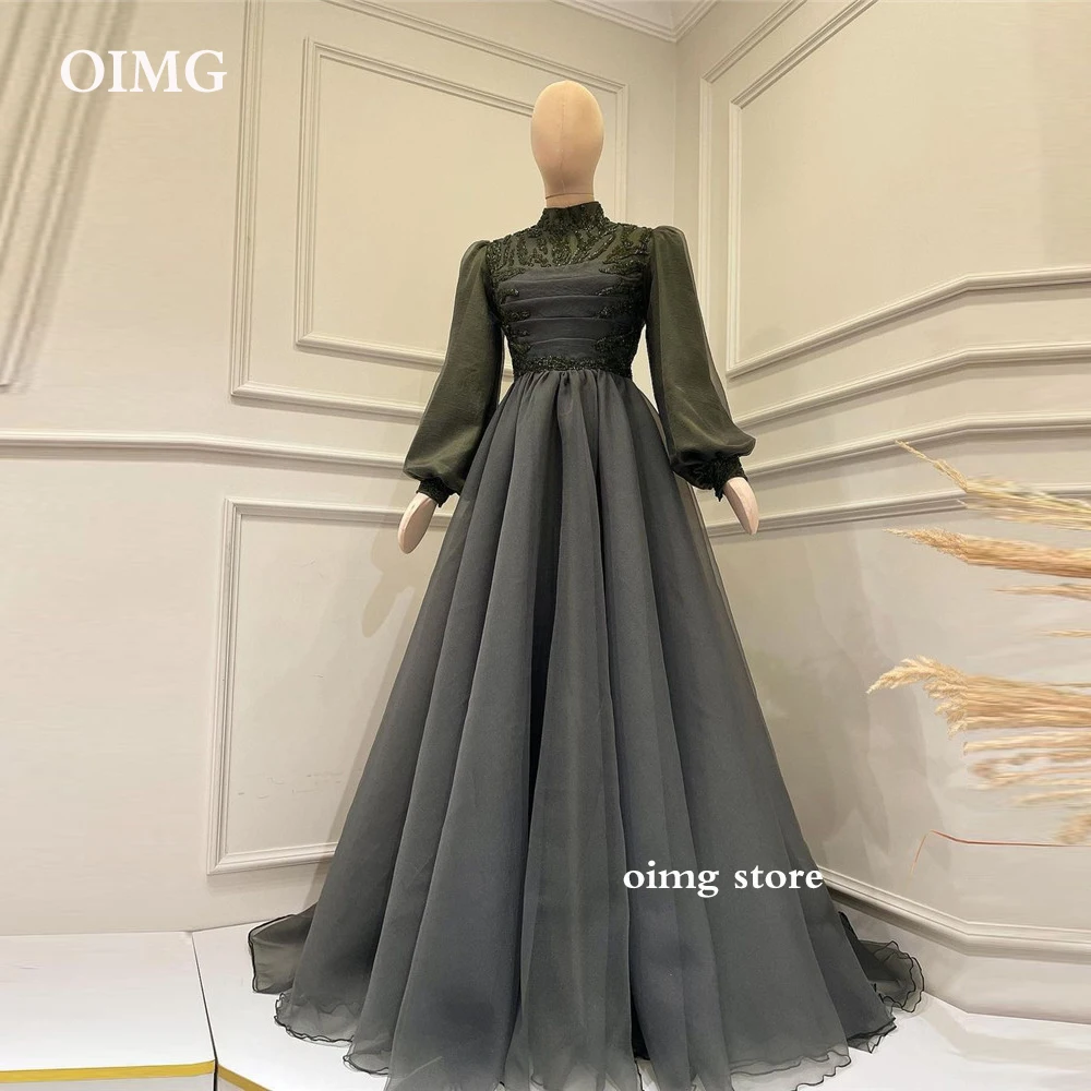 

Modest Dubai Arabic Women Evening Dresses Long Sleeves High Neck Organza Embroidery Beads Pleats Vintage Formal Prom Gowns