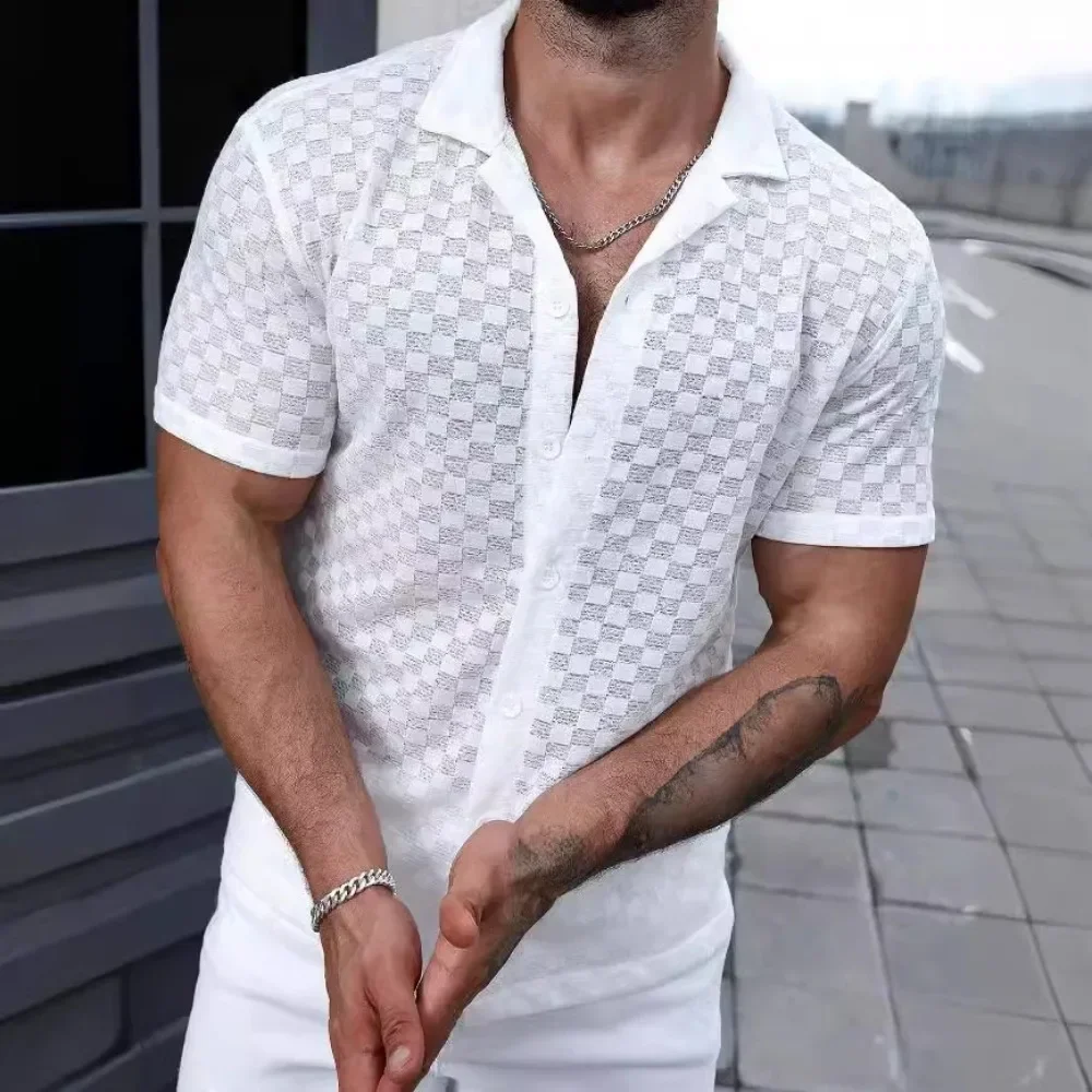 Men's Short-sleeved Shirt Lace Loose Hollow Out Knitted Casual Shirt Male Tops