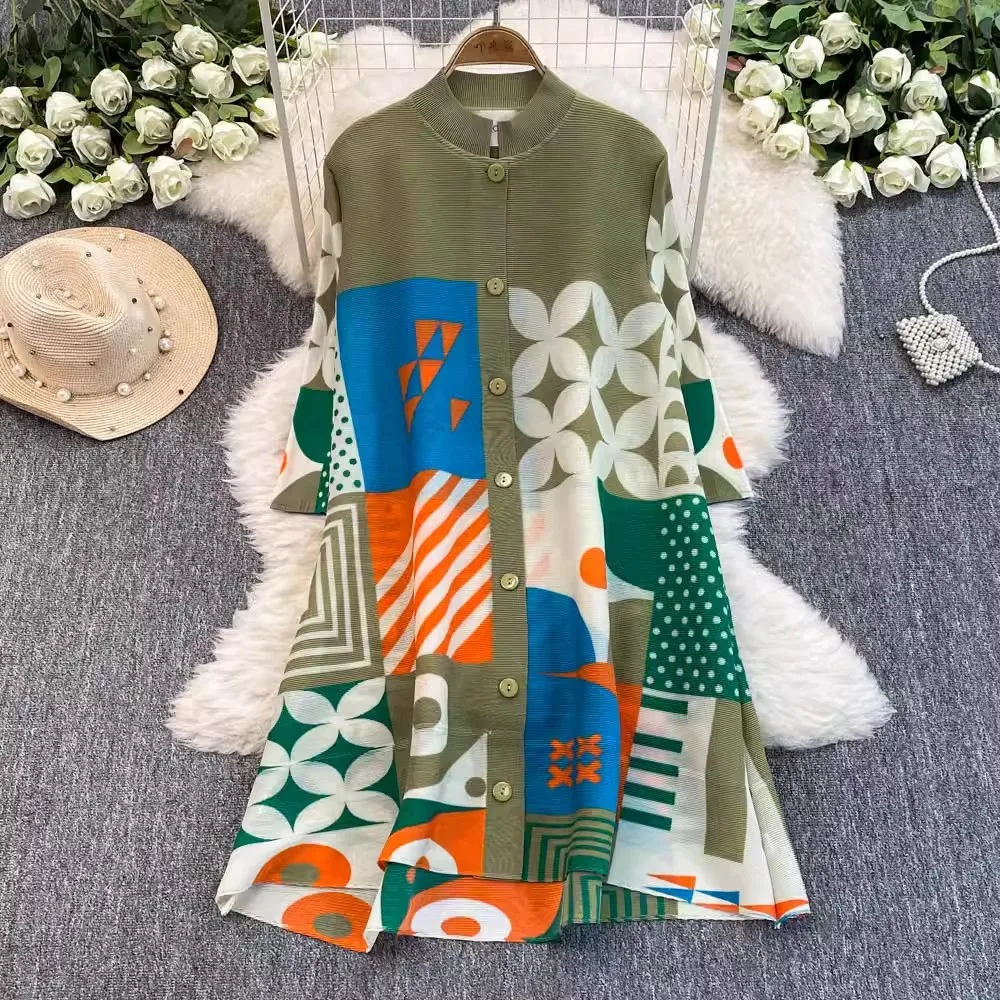 

New Spring Summer Blockcolor Miyake Draped Pleated Dress Women's Single Breasted High Stretch Large Size Loose Party Clothing