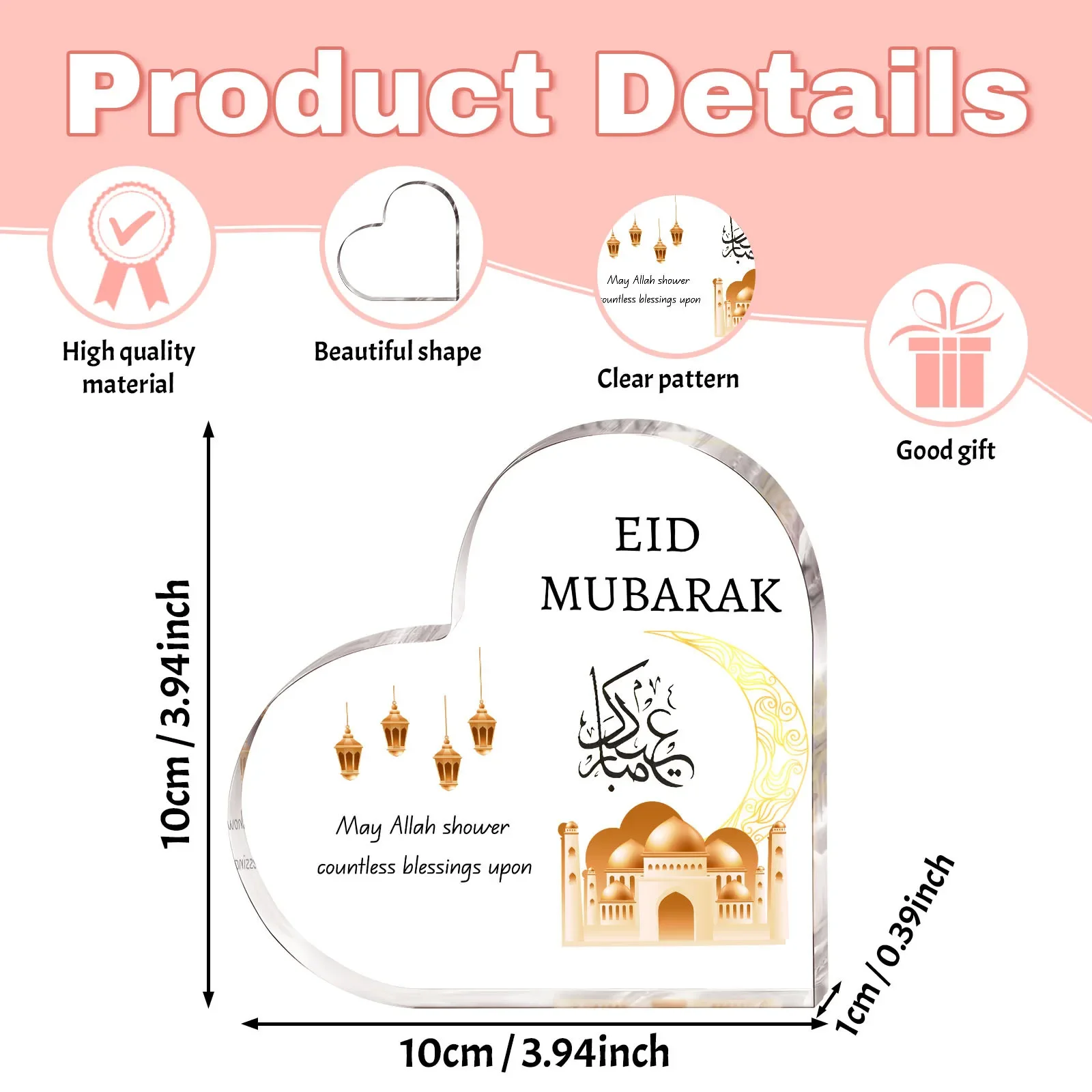 Heart Acrylic Plaque Eid Mubarak Golden Mosque Moon Lantern Islamic Eid Desktop Decor Gift