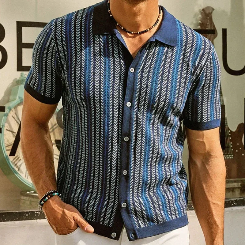 Summer Men\'s Luxury Stripe Printed Knitted Shirts Pola Neck Short Sleeve Button-down T-Shirts for Men Vintage Business Knitwear