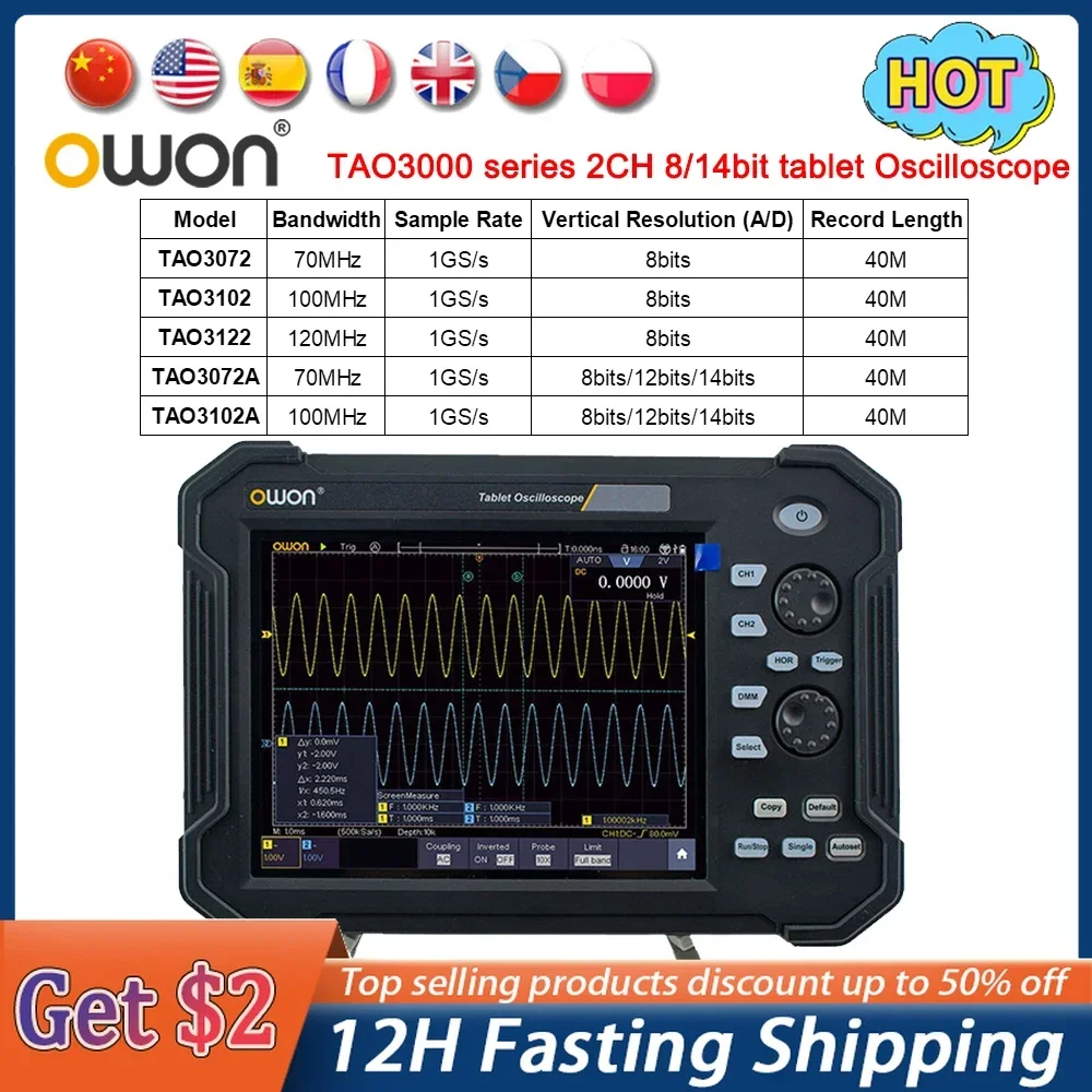 OWON Portable Tablet Oscilloscope 2CH 1GS/s 8 bits TAO3072 TAO3122 14-bits TAO3102A TouchScreen 70/100/120Mhz Digital Multimeter