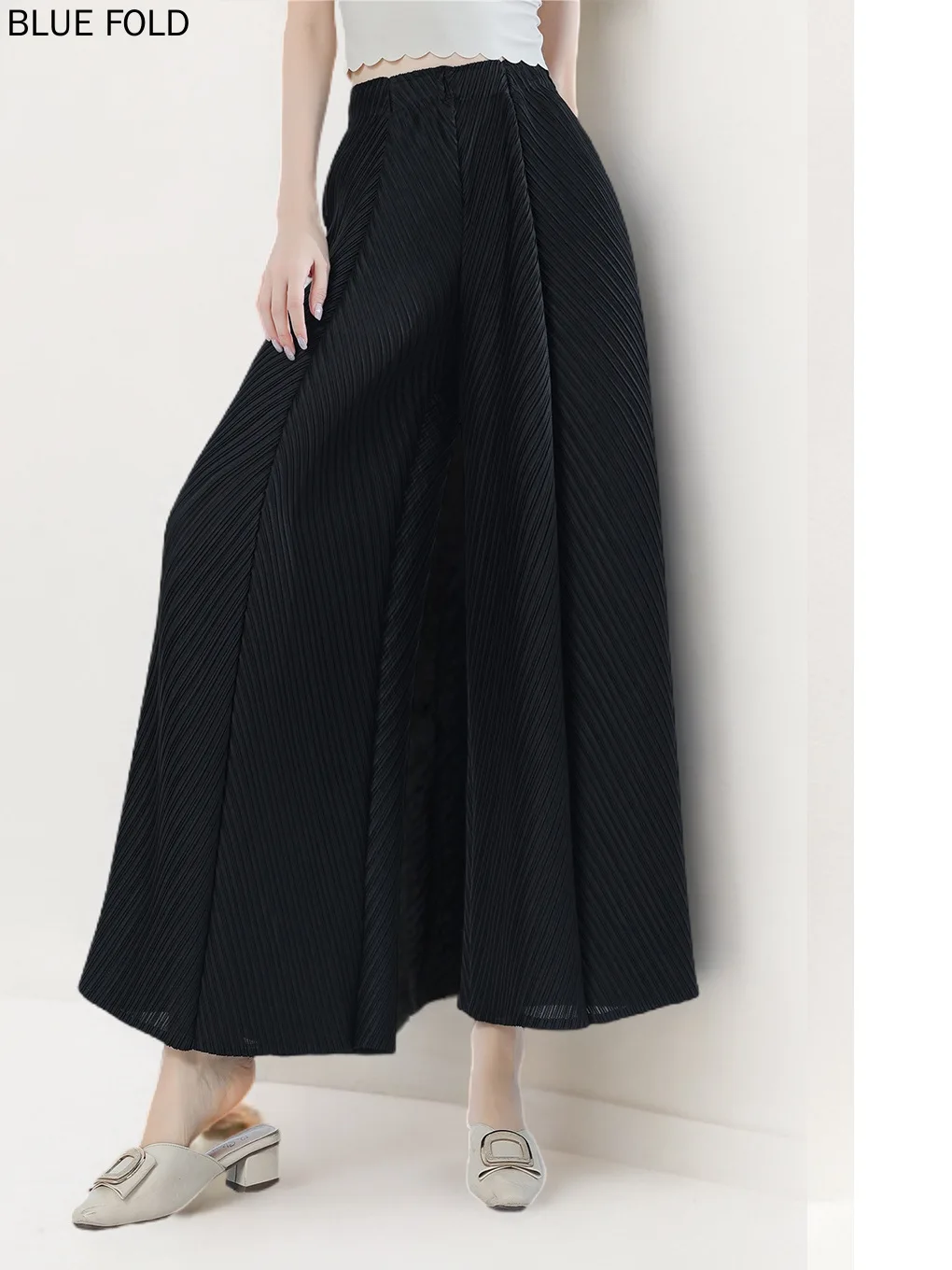 Miyake-Wide Leg Drapey Pants for Women, Thin Style, Slim, Elastic Waist, Nine-point, Casual, Summer, New