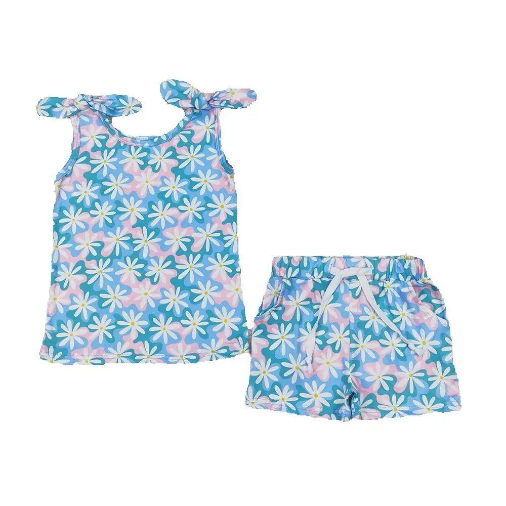 

GSSO2262 Baby Girls Blue Flowers Bows Tie Tops Shorts Clothes Sets