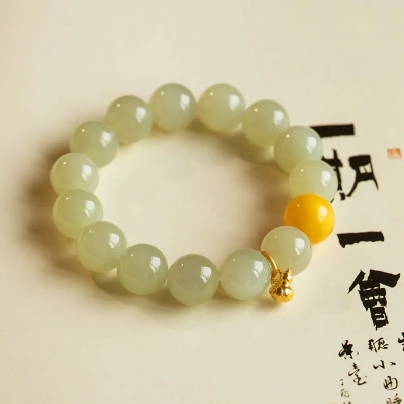 Women'S Hetian And Beeswax Round Bead , Jade Single-Loop Bracelet, Ethnic Style