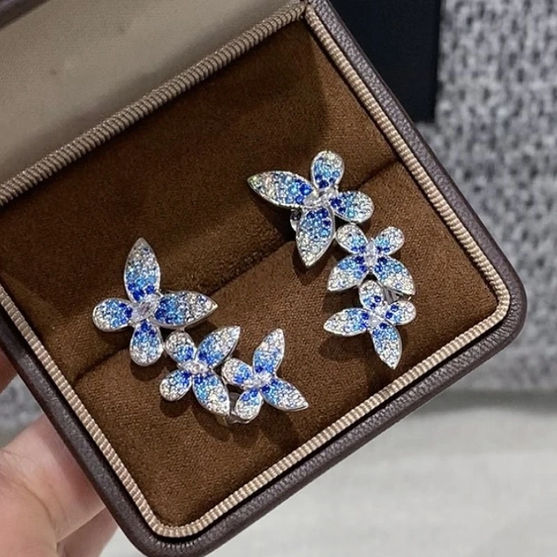 New Red Blue Zircon High Carbon Diamonds Three Butterfly Earrings Sterling Silver 925 Luxury Designer Jewelry Women Party Gift