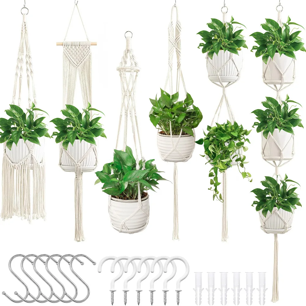Weaving plant pot net bags, hanging plant pot baskets, gardening plant hangers, cotton rope creative plant pot hangers