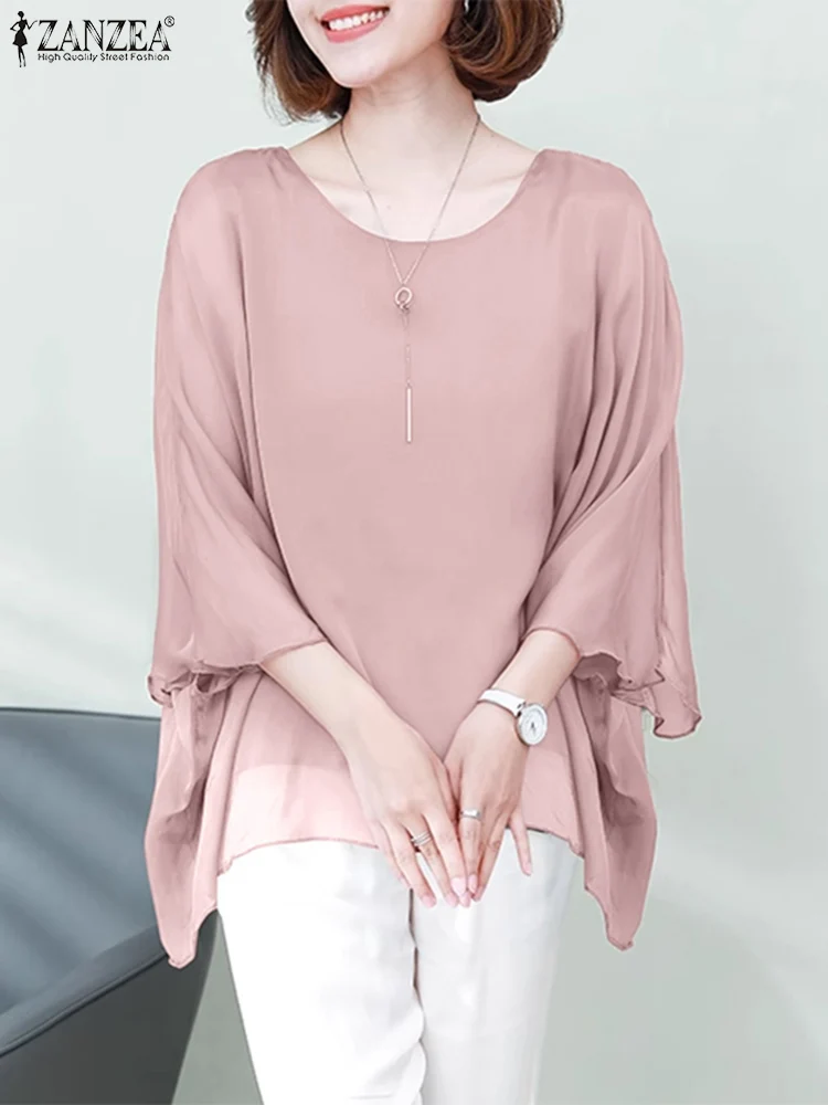 ZANZEA Women Oversize Chiffon Blouse Summer 3/4 Sleeve Irregular Hem Tops Shirt 2024 Korean Round Neck Loose Tunic Casual Blusa