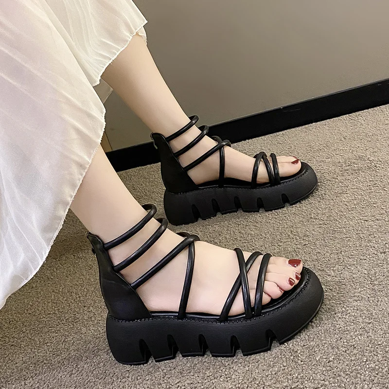 Sandals Women 2023 New Summer Round Head Ankle Strap Platform Luxury Sandals Casual Non-slip Roman Gladiator Female Ladies Shoes