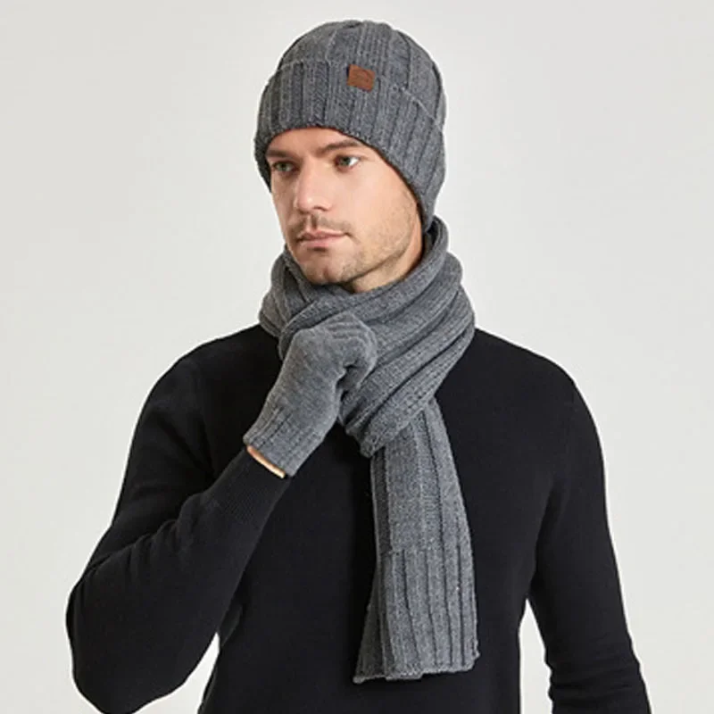 Bufanda larga tejida para hombre y mujer, conjunto de 3 uds., gorros con forro polar de felpa gruesa para invierno, guantes para pantalla táctil en