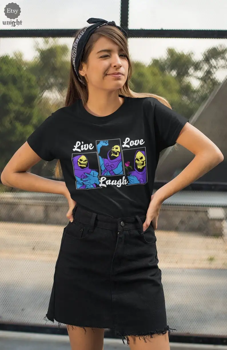 Unisex Live Love Laugh With Skeletor T-Shirt - Vintage Cartoon , Unique Anime Graphic Tee, Retro Skeletor, Animated Character