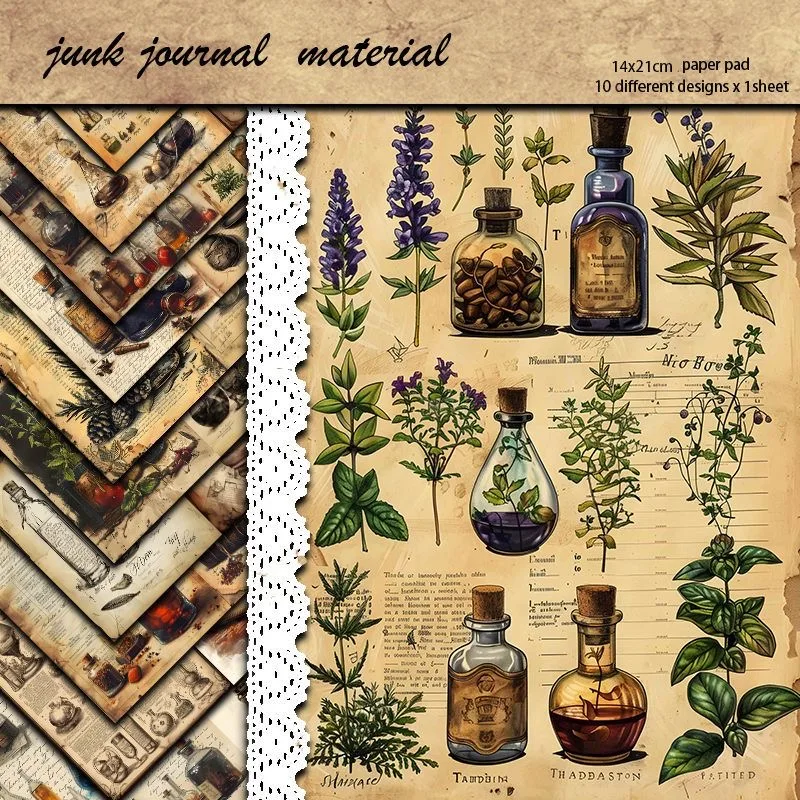 10 sheets of plant lab-themed background paper for journaling, collage DIY, base decoration, and vintage crafts