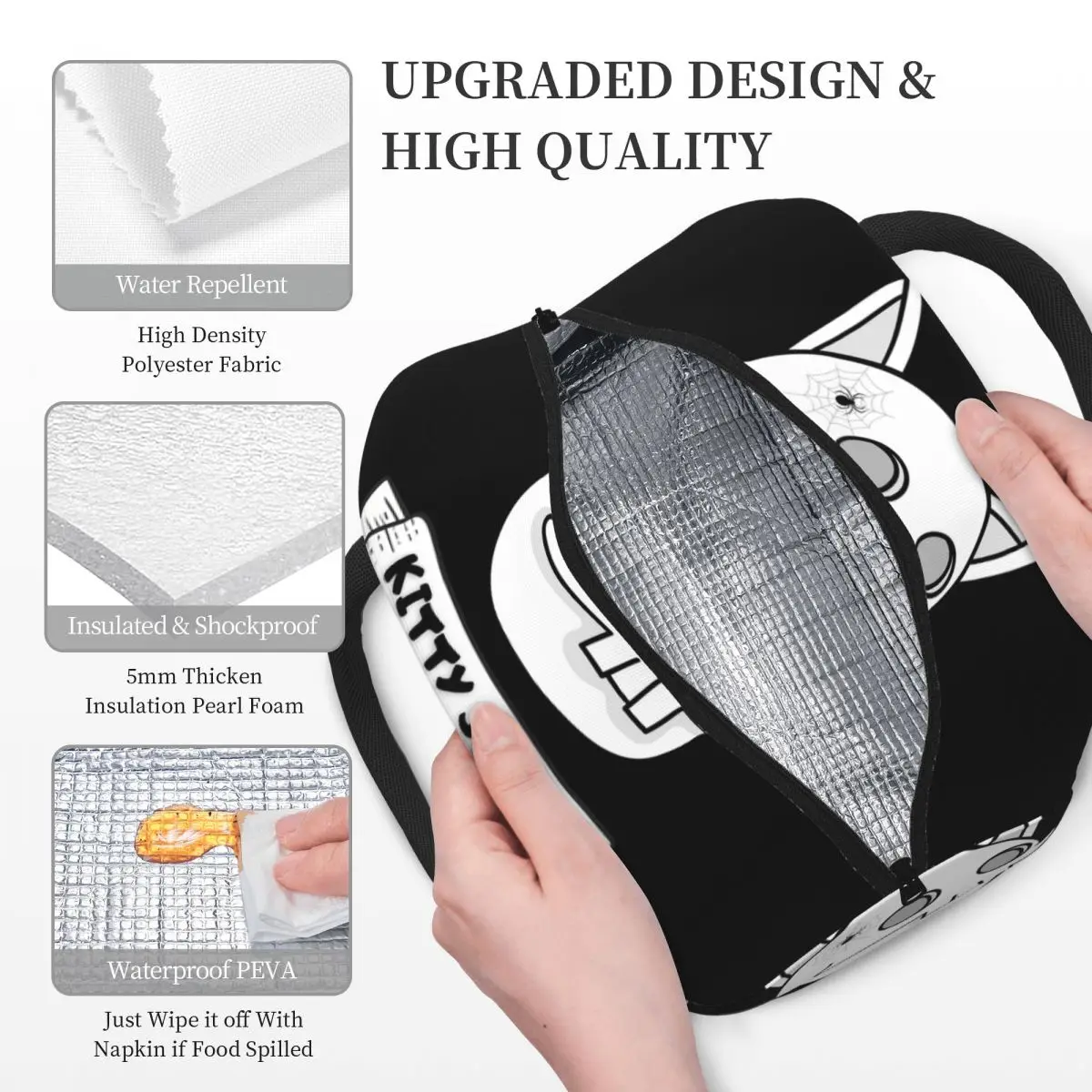 كيتي الجمجمة L مضحك هالوين الهيكل العظمي القط معزول حقيبة الغداء للنساء الأطفال مانعة للتسرب صناديق الطعام علب الاغذية الحرارية حمل #3