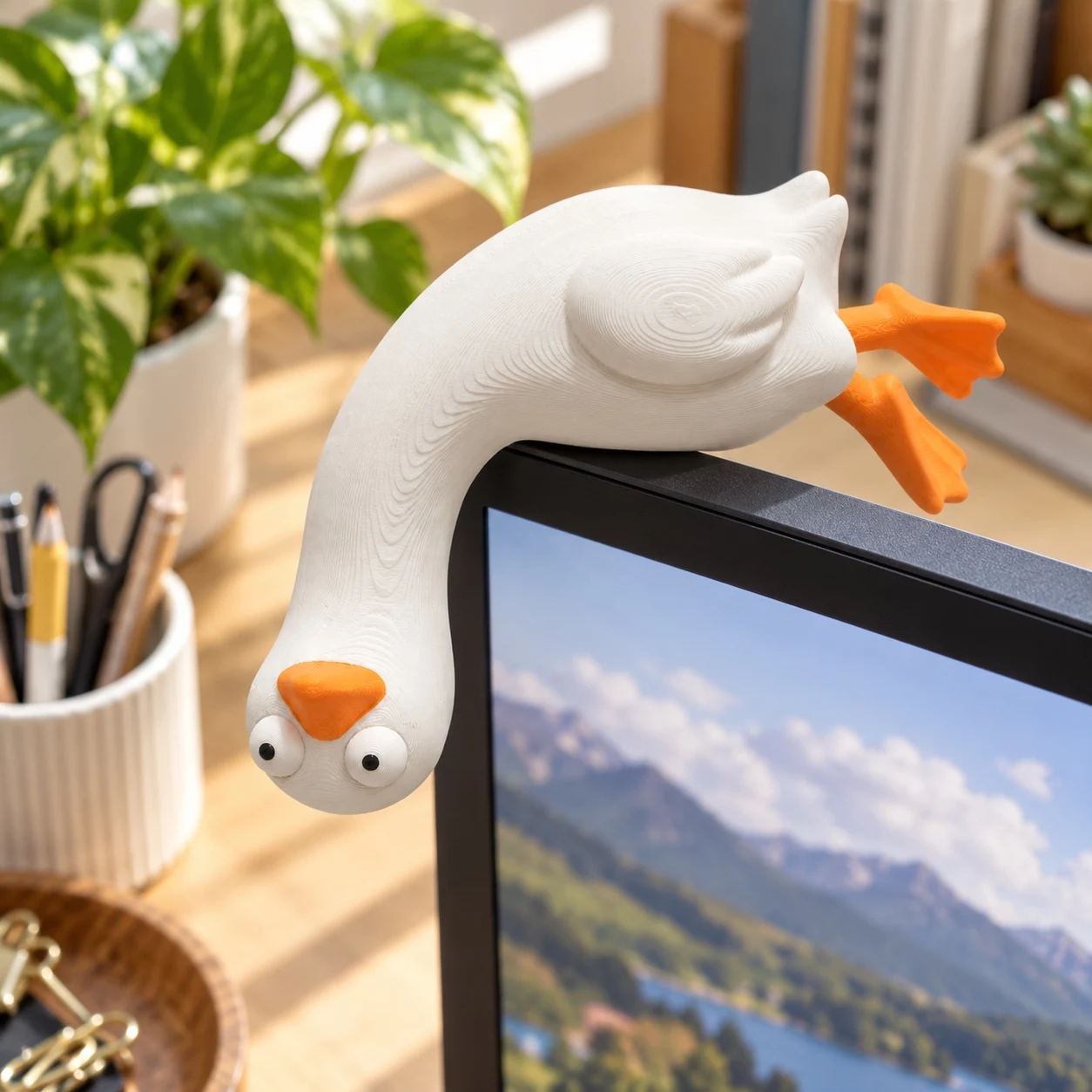 Funny Goose Monitor Corner Decor, 3D Printed Cute Screen Topper, White Goose Figurine, Home Office Desk Decoration, 1PC