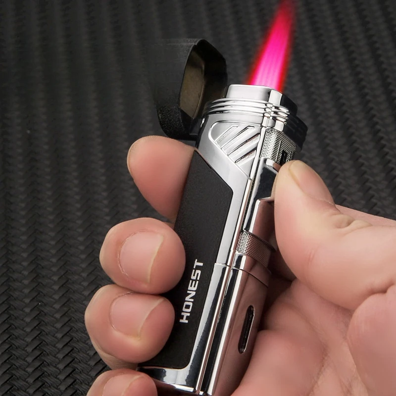 HONEST Metal Four Strong Jet Red Flame Butane Gas Torch Lighter Visible Gas Window With Cigar Knife Cigar Lighters Smoking Tools