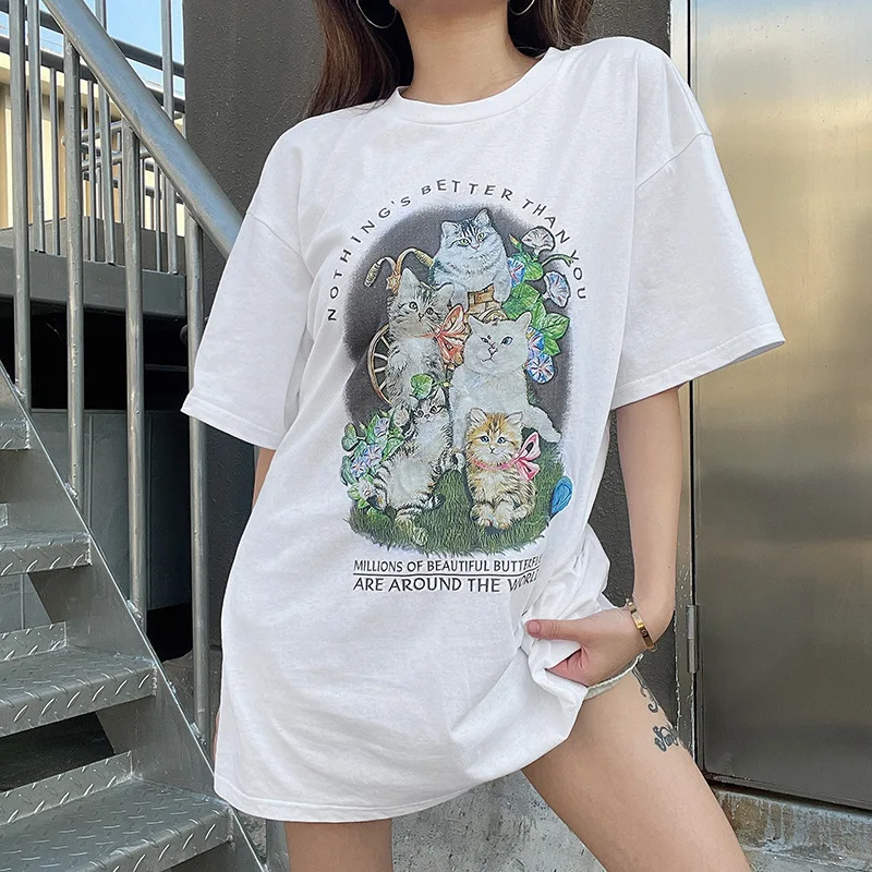 Korean Version of Harajuku Casual Animal Print White Oversized T-shirt Kawaii Summer Top Graphic Fashion Loose T-shirt  new