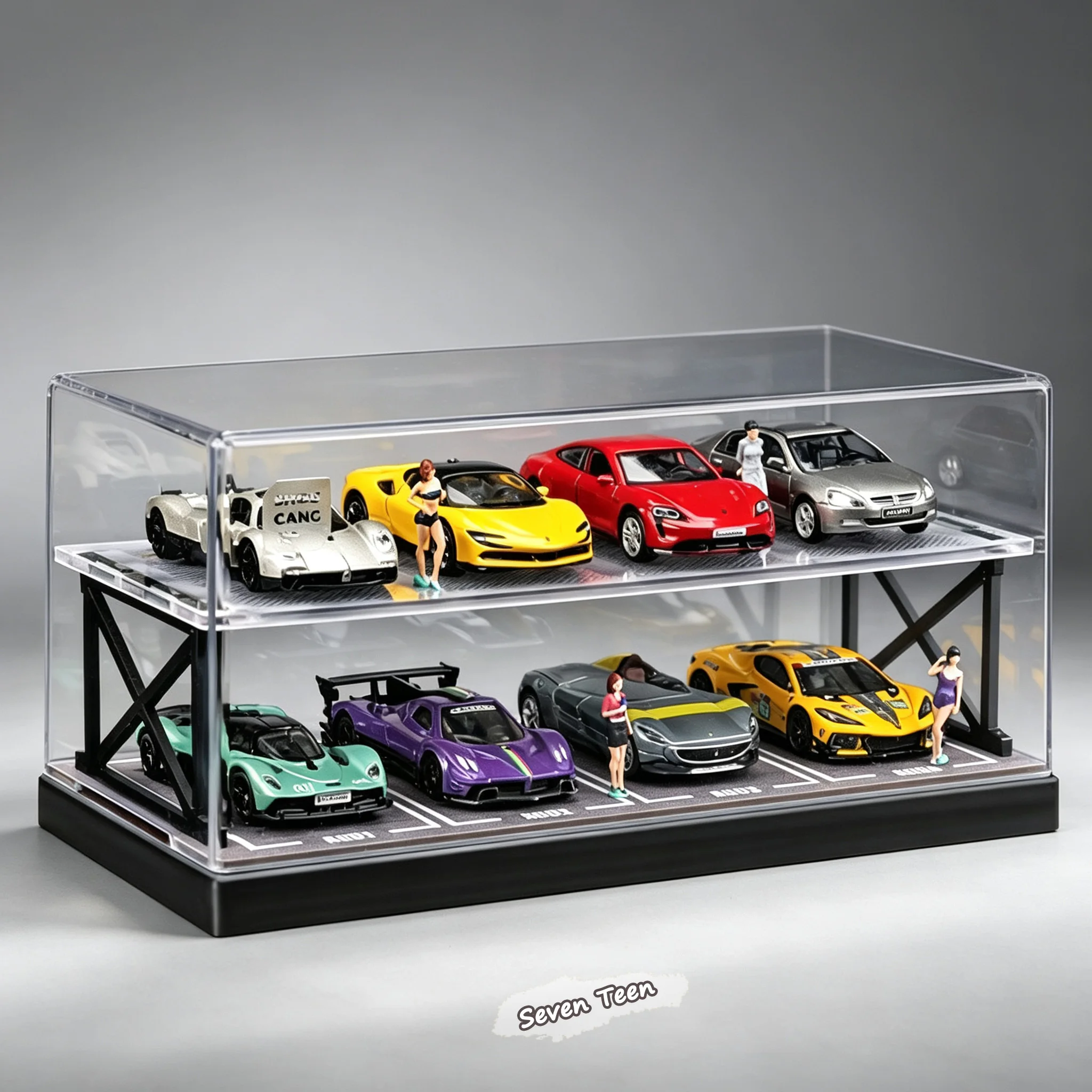 1:64 Assembled Double Deck Parking Scene Model Storage Display Rack Dust Cover Car Model Desktop Decor Ornament Display Stand