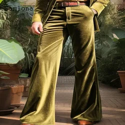 Men Vintage Flare Velvet Pants Solid Green Yellow Soft Full-Length Trouser Plus Size Mens Stand Pocket Casual Boot Cut Sweatpant