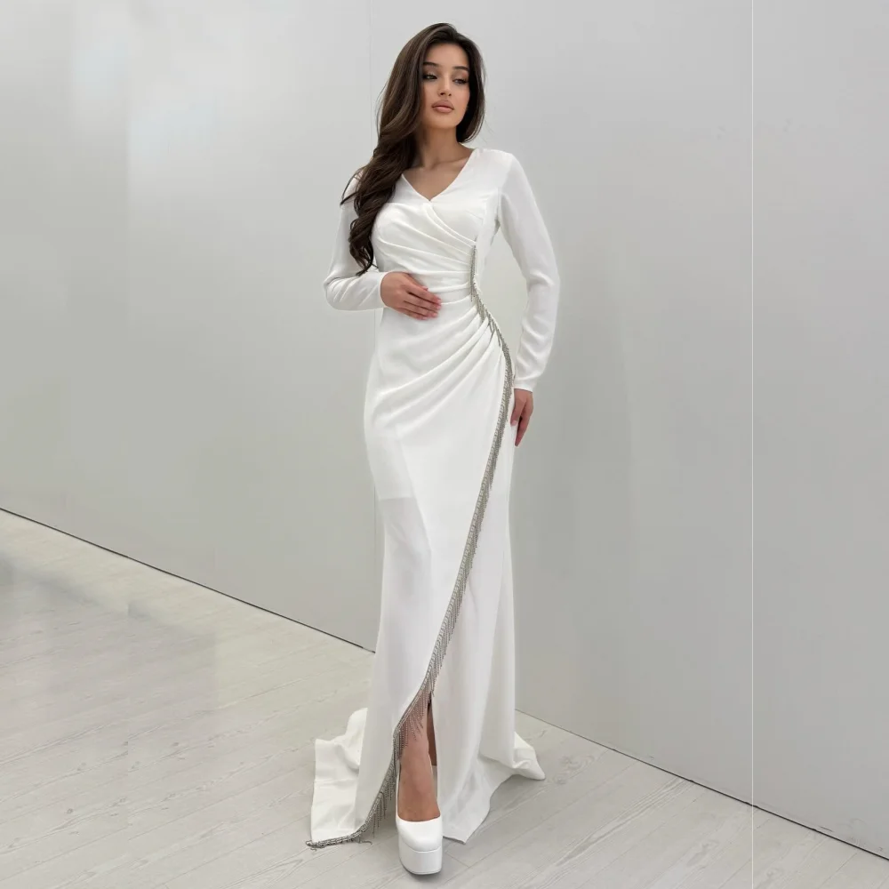 

Customized Jersey Pleat Tassel V-neck Mermaid Long Dresses Bespoke Occasion Women's Evening Exquisite Party Gown