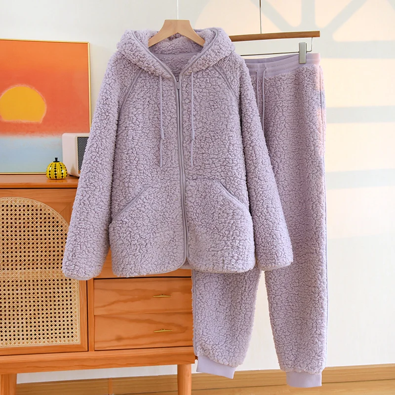 Autumn Winter New Women Warm Soft Couple Coral Fleece Pajamas  2 Pieces Home Suit Casual Hooded Pajamas Night Wear