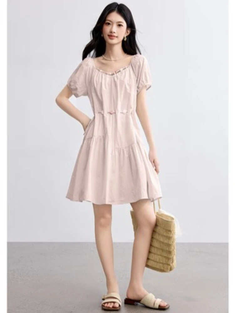

SENTUBILA Elegant Women's Midi Dresses Vacation 100% Cotton Hollow Out Dress Summer 2025 New Casual Beaded Belt Dress W52LI2470