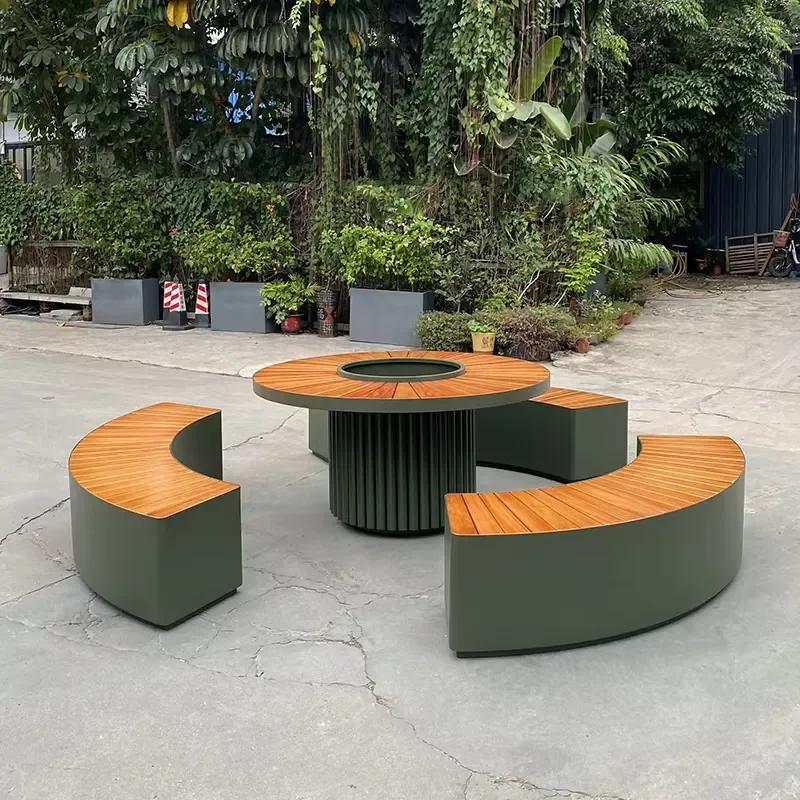 Commercial Outdoor Furniture Table Plant Area Set Steel Picnic Dining Table Chairs Fixed Bench for Public Spaces & Home