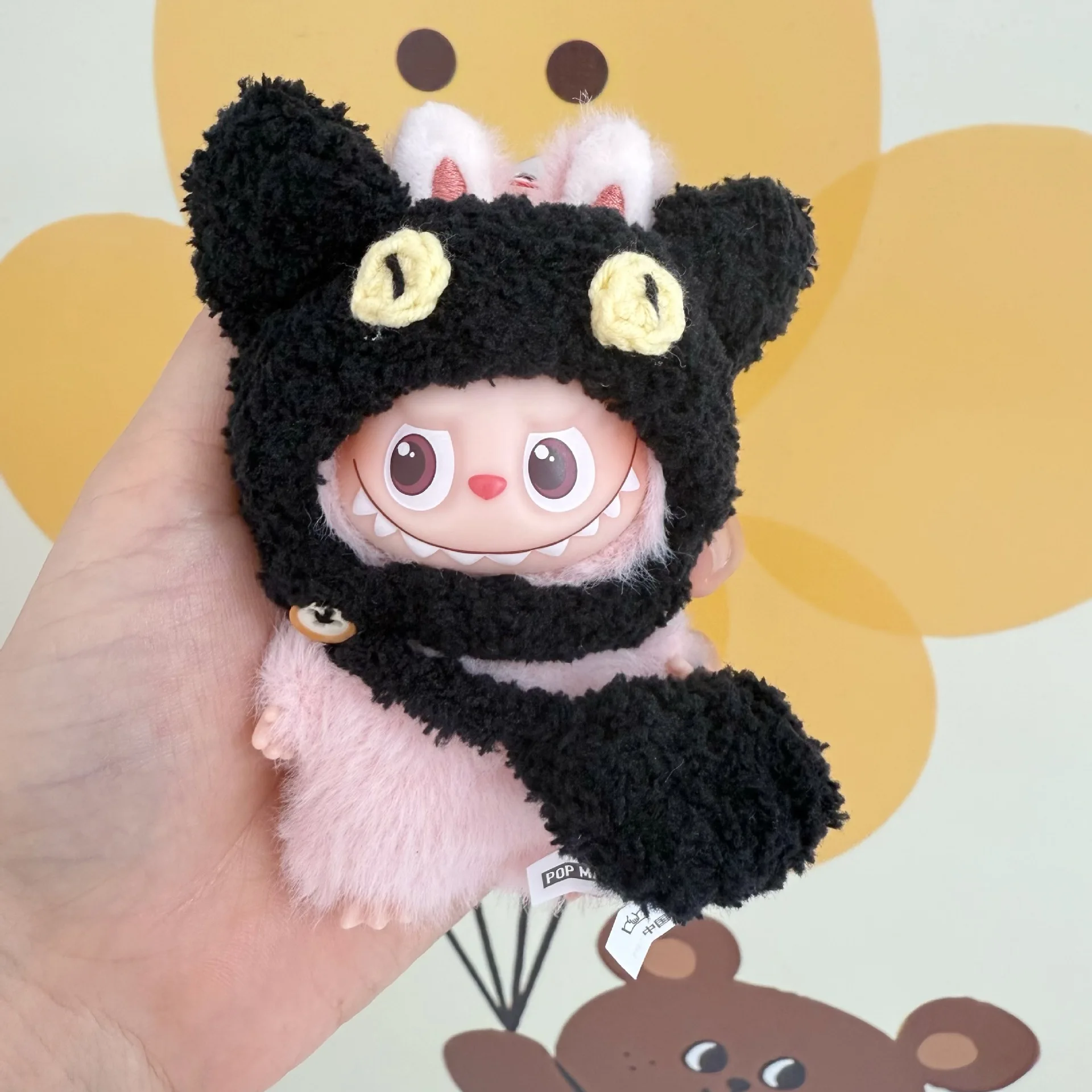 Pakaian Untuk Boneka Labubu 10cm Versi Mini 4.0: Set 2-Potong Buatan Tangan Topi Kucing Hitam Dan Tas