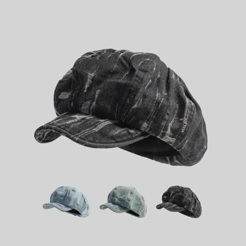 

Korean Style Women's Denim Beret - Vintage Washed Octagonal Cap, Spring/Autumn Casual Hole Dressed Cloud Hat Female Trendy Retro