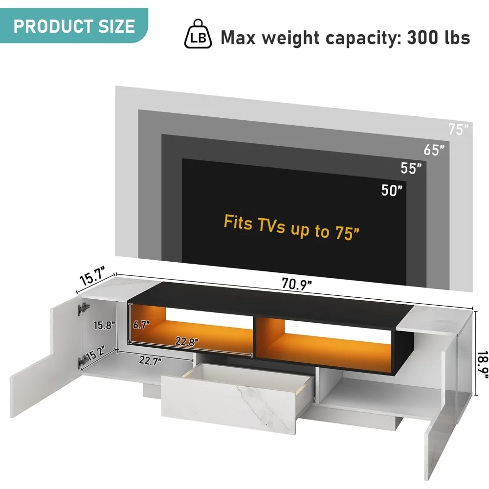 70 Inch Modern TV Stand for 75 Inch TV, High Gloss TV Stand with Music-Sync LED Light, Entertainment Center with Storage