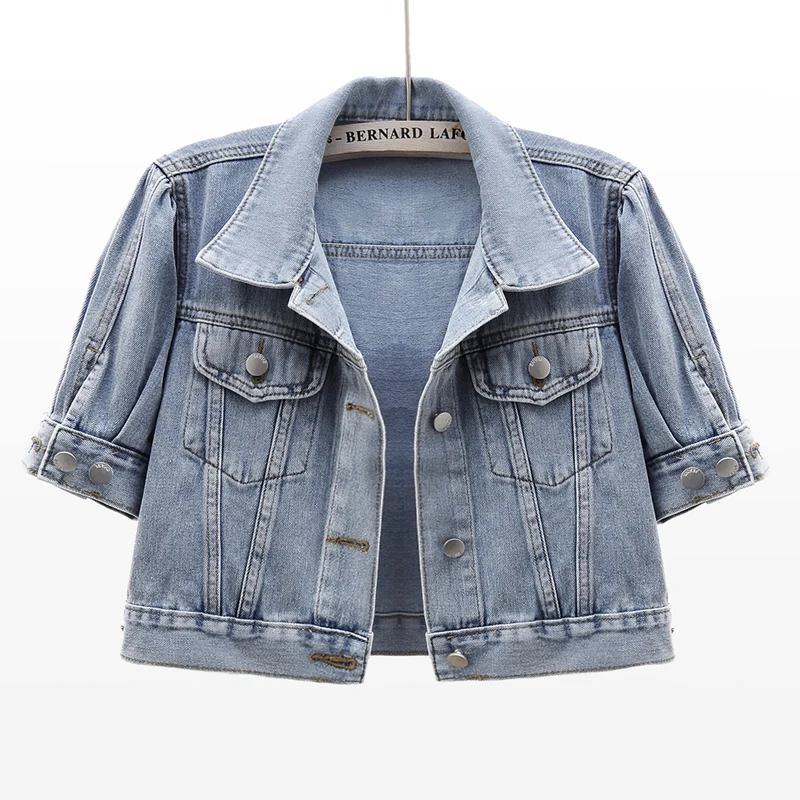 

Vintage Wash Blue Slim Short Denim Jacket Coat Women Korean Summer Thin Cowboy Outerwear Pocket Half Sleeve Jeans Jacket Female