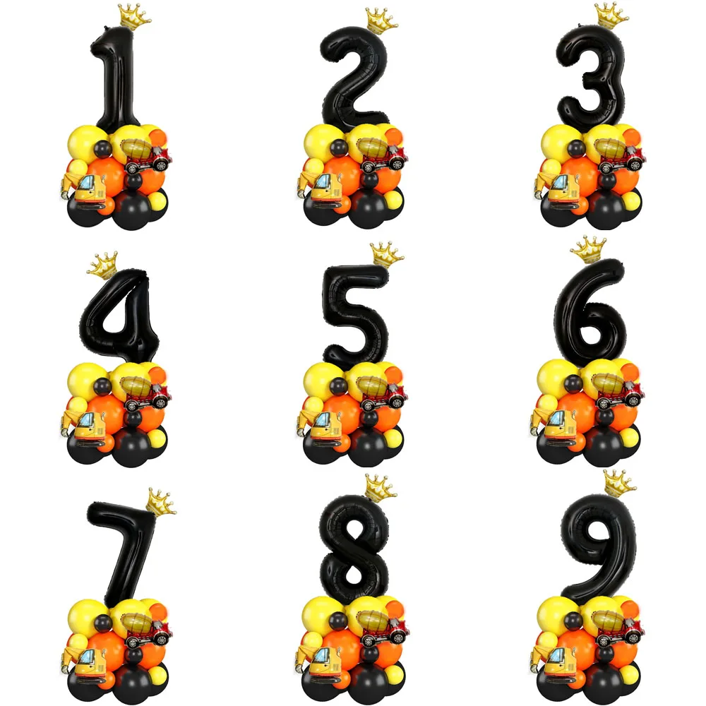 

24pcs 32 Inch Black Number Balloon Construction Foil Balloon Tower Set with Excavator Digger Truck for Boy Birthday Party Decors