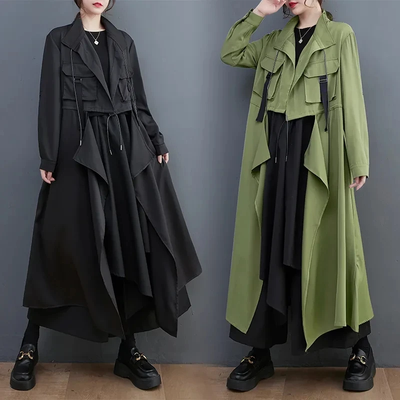 Womens Trench Coat Asymmetry Patchwork Long Windbreaker Coats Irregular Black Fashion Casual Long Coats Women 2024 New