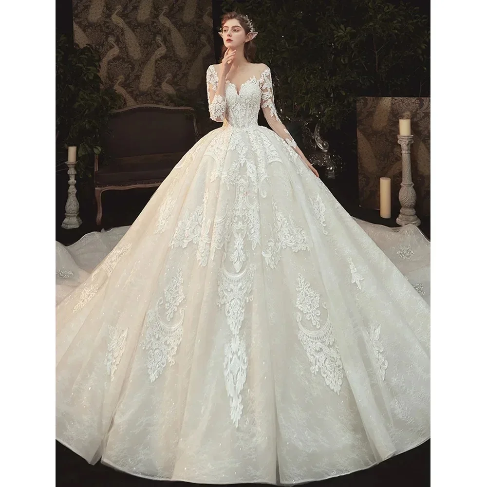 Vestido De novia De princesa con ilusión De encaje y apliques De perlas, personalizado, De gama alta, con manga larga, 2025