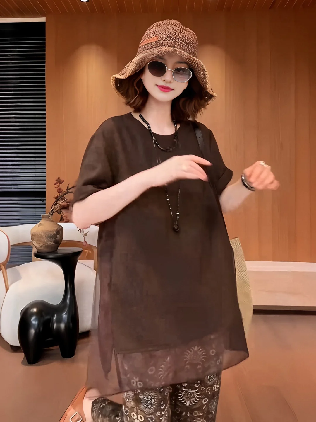 plus Size Women's Mesh Splice Short Sleeve T-Shirt Summer New Loose Slimming Fake Two-Piece Top Side Slit Casual round Neck