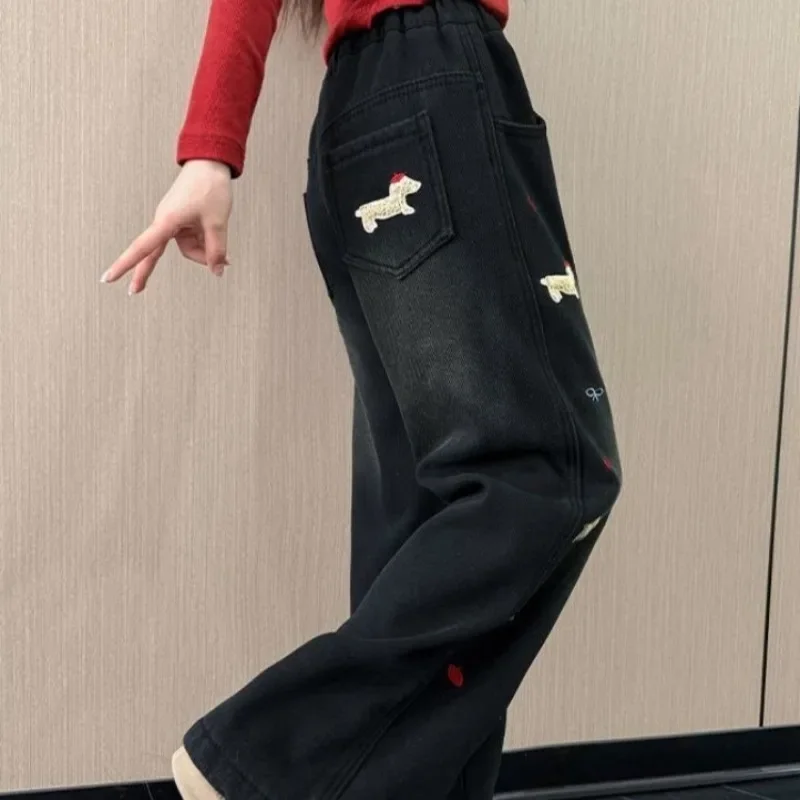 

Big Kids Winter Fleece-Lined Jeans with Dachshund Embroidery - Spray White Wide Leg Jeans for Girls, Warm Stretch Denim Pants