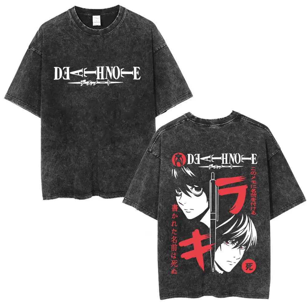 Washed Vintage Anime Death Note L Lawliet & Yagami Light Face Graphic T-shirt Summer Men Women Fashion Cartoon Crewneck T Shirts