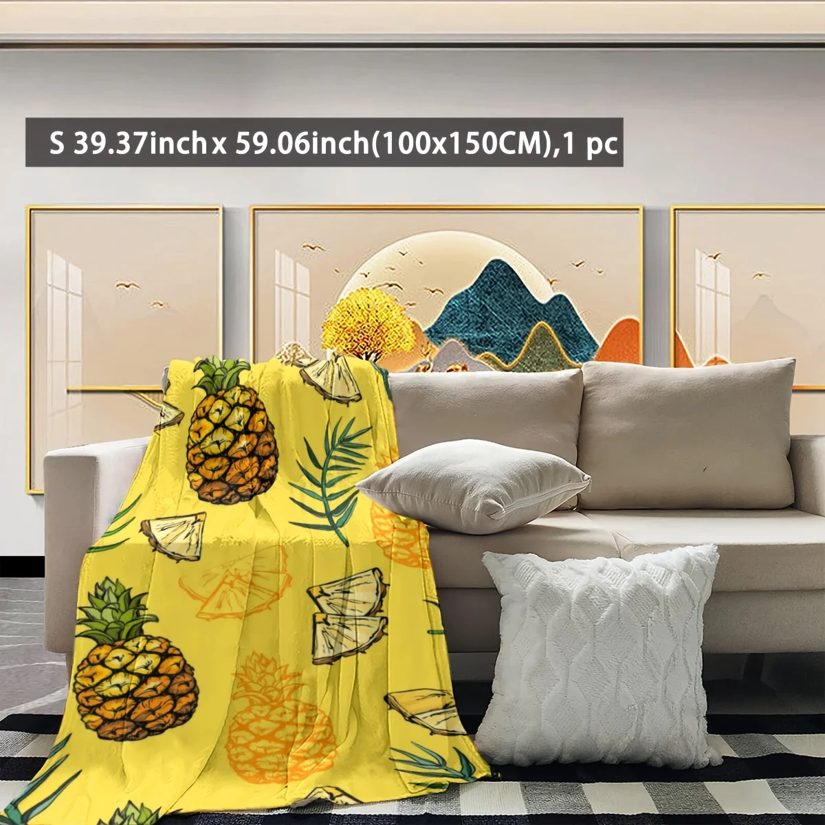 Yellow Pineapple Print Throw Blanket Tropical Summer Decor Cozy Wrap for Sofa Couch Living Room Beach Style Warming Accent Gift