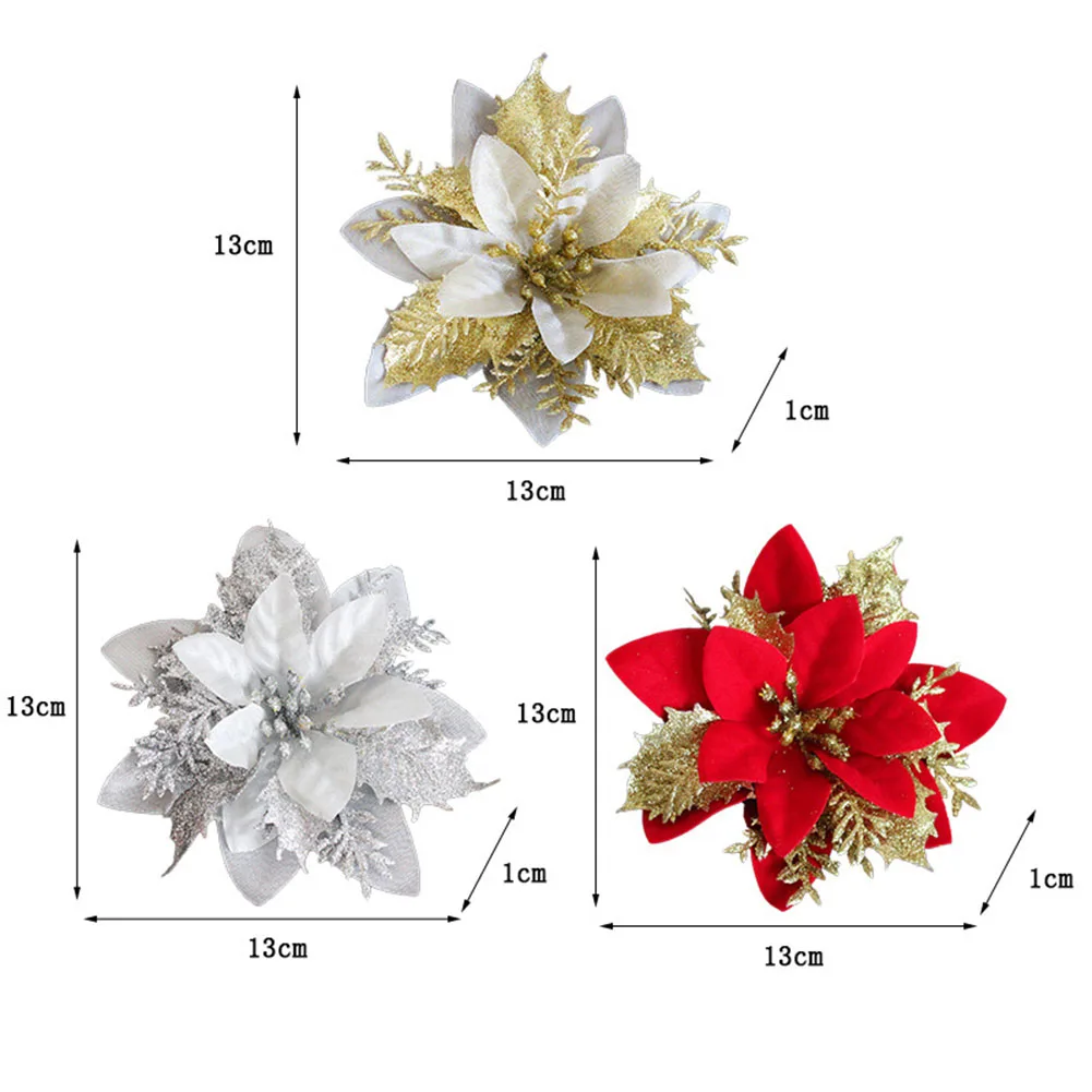 1Pcคริสต์มาสPoinsettia Glitterดอกไม้แขวนXmas Partyตกแต่งต้นไม้สําหรับปี 2025 ใหม่ปีNoel Navidad Home Party Decor