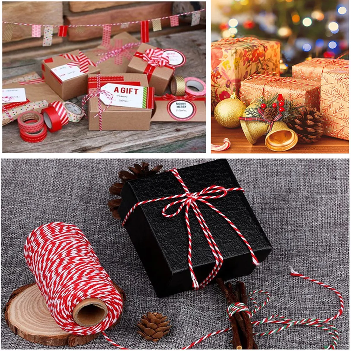 100M/Roll Cotton Baker Twine Rope Red White Cotton Rope Christmas Wedding Decoration Gift Package String DIY Crafts Wrap